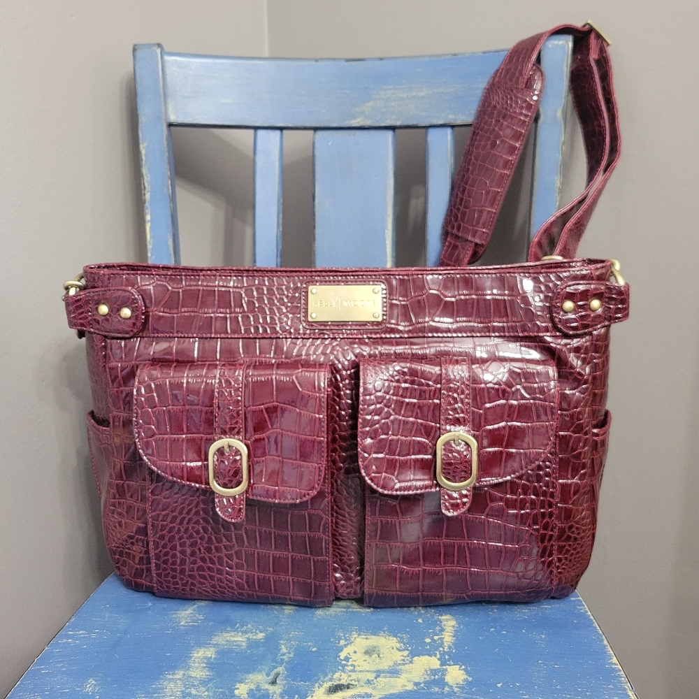 Kelly Moore Cranberry Croc Embossed Camera Utility Shoulder‎ Bag OS